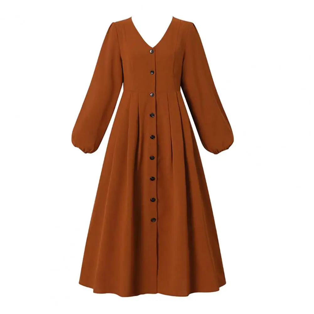 

Lantern Sleeve Dress Elegant V Neck A-line Midi Dress with Long Sleeve Single-breasted Button for Women Fall Spring Solid Color