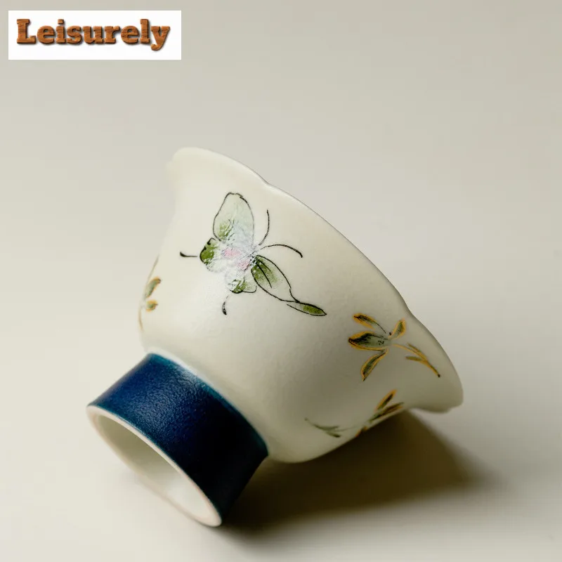 2pc/lot Butterfly Orchid High Foot Teacup Ancient Tea Bowl Jug Tea-tasting Personal Cup Jianzhan Master Cups Tea Ceremony 30ml