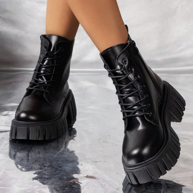 Botines De Cuero Negros De Mujer Zapatos Altos Moda Moto Botas Cómodos  Invierno