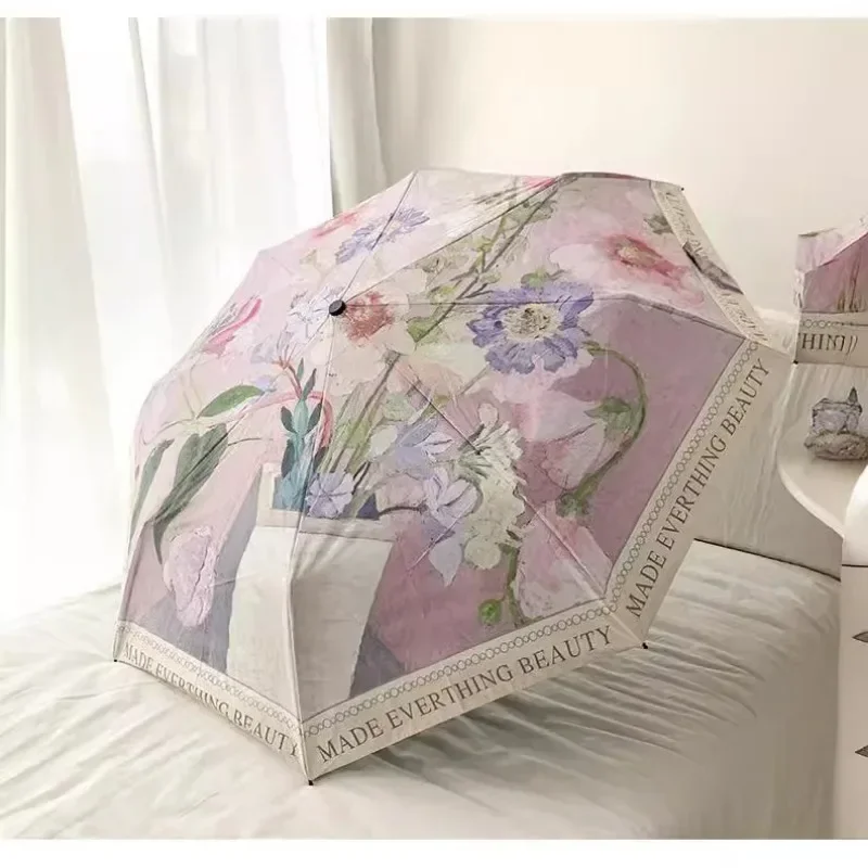 Retro Oil Painting Umbrella Women's Rain and Sun Umbrella Sunscreen UV Protection Student Automatic Sunshade