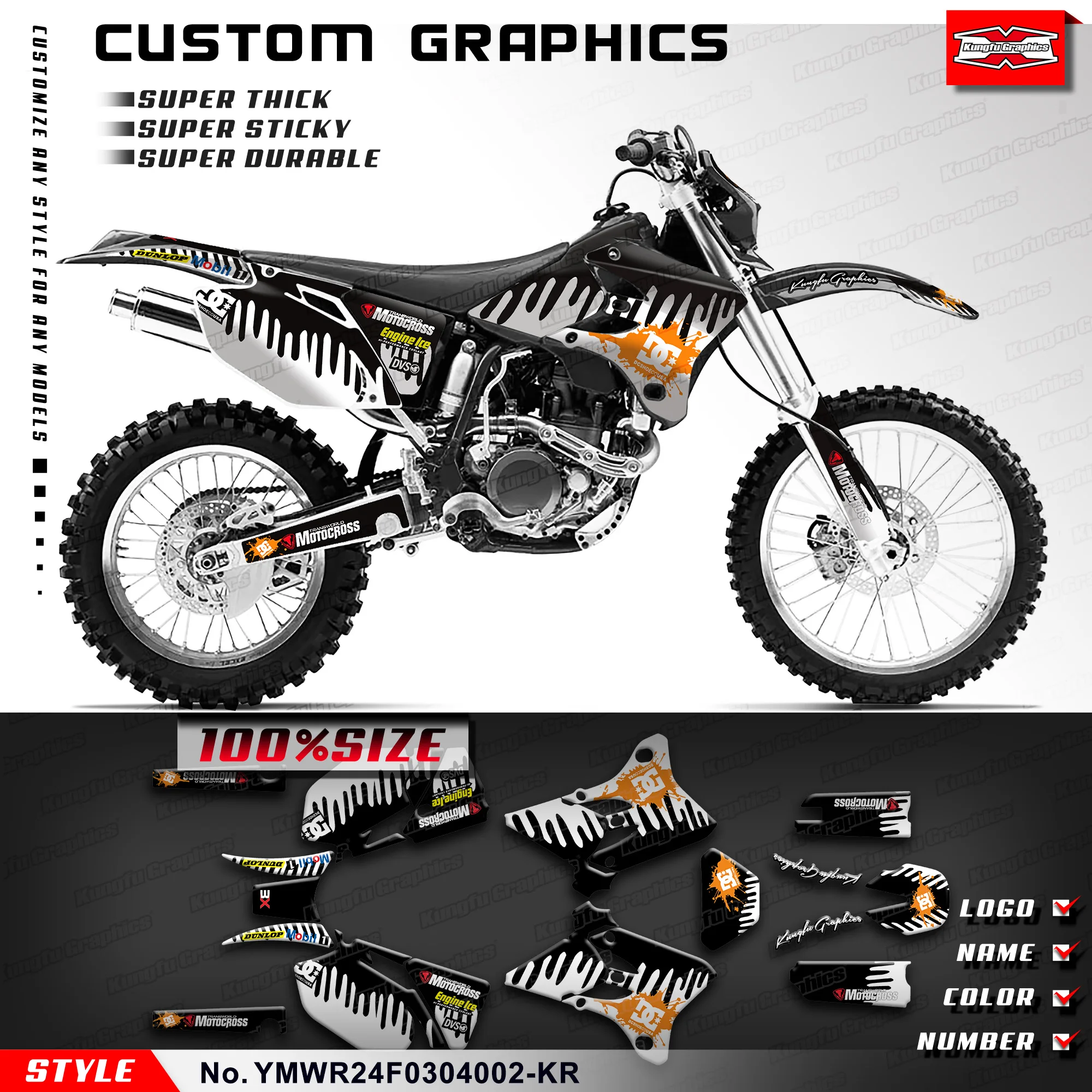 

KUNGFU GRAPHICS Motorcycle Decals Durable Vinyl for Yamaha WR250F WR450F 2003 2004, YMWR24F0304002-KR