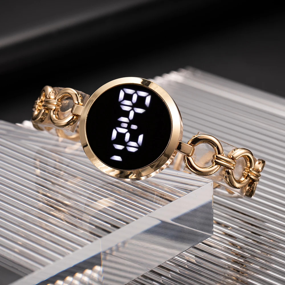 Reloj Digital De Moda Con Pulsera Para Mujer Cuarzo LED Acero Inoxidable  Oro Set