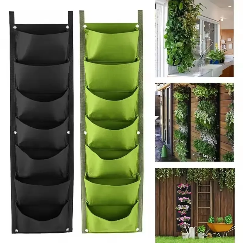 7-Taschen, vertikale Pflanzbeutel, Filzstoff, Wandbehang, für drinnen und draußen, Garten, Pflanzgefäß, Topf, Blumen- und Gemüseanbau-Behälter