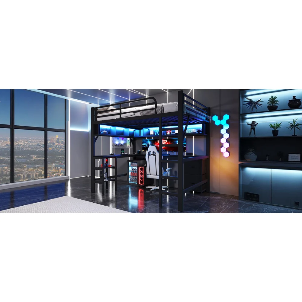 140 x 200 cm modernes Metall-Hochbett für Spiele mit Bücherregal, Kinder-Etagenbett mit Schreibtisch und Kleiderschrank, USB- und LED-Beleuchtung, weiß – Detail 26