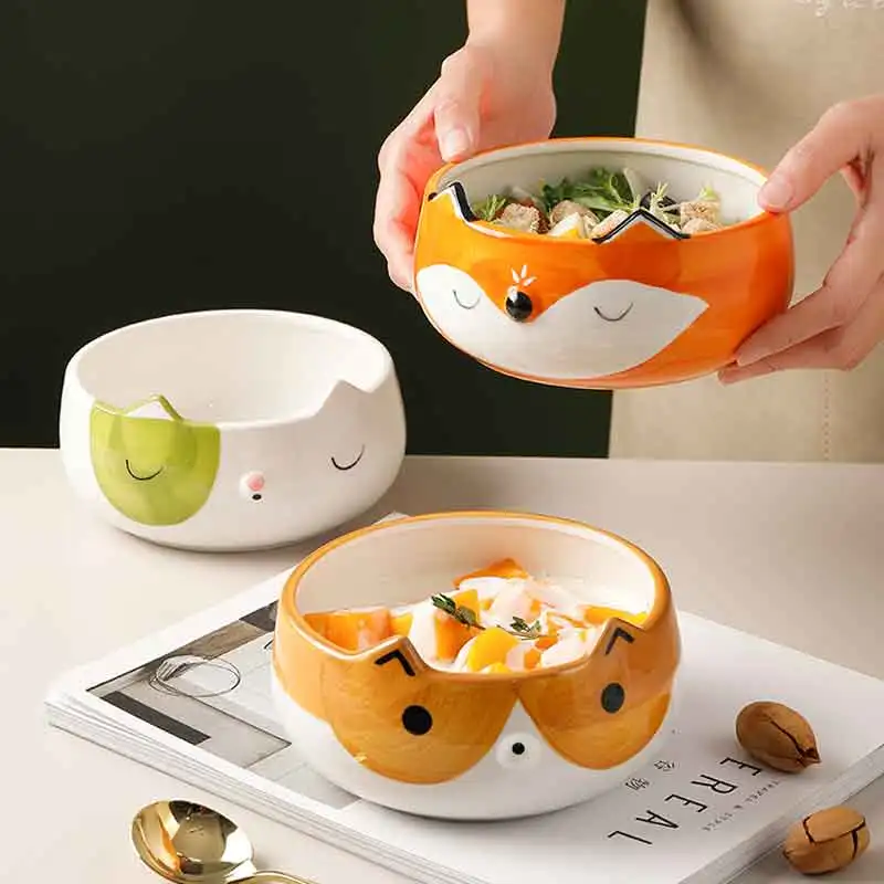 

Europeanism Underglaze Ceramic Hand Painted Fox Cat Dog Bowls Cute Animal Bowl for Salad Noodle Rice Soup Children Tableware