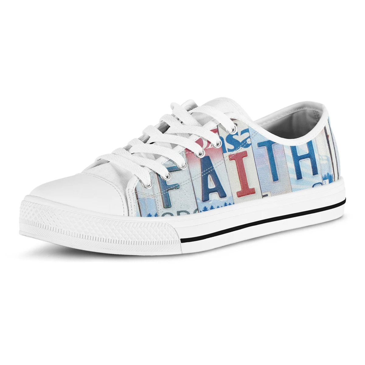 License Plate Faith Print Canvas Shoes Soft Bottom Square Low Top Flat Shoes Black White Women's Custom Shoes