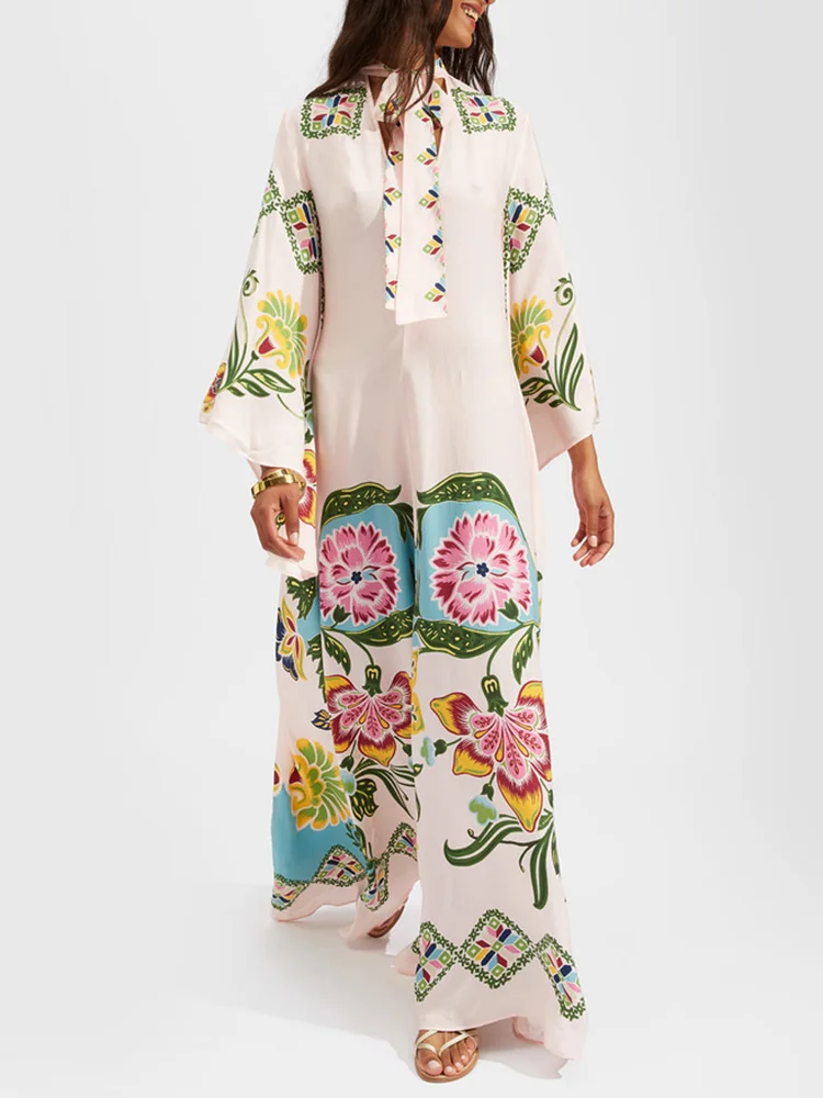 

Three Quarter Sleeve Holiday Elegant Party Dress, Women Spring Summer Lace-Up Patchwork Maxi Dress, Printing Loose Ladies Dress