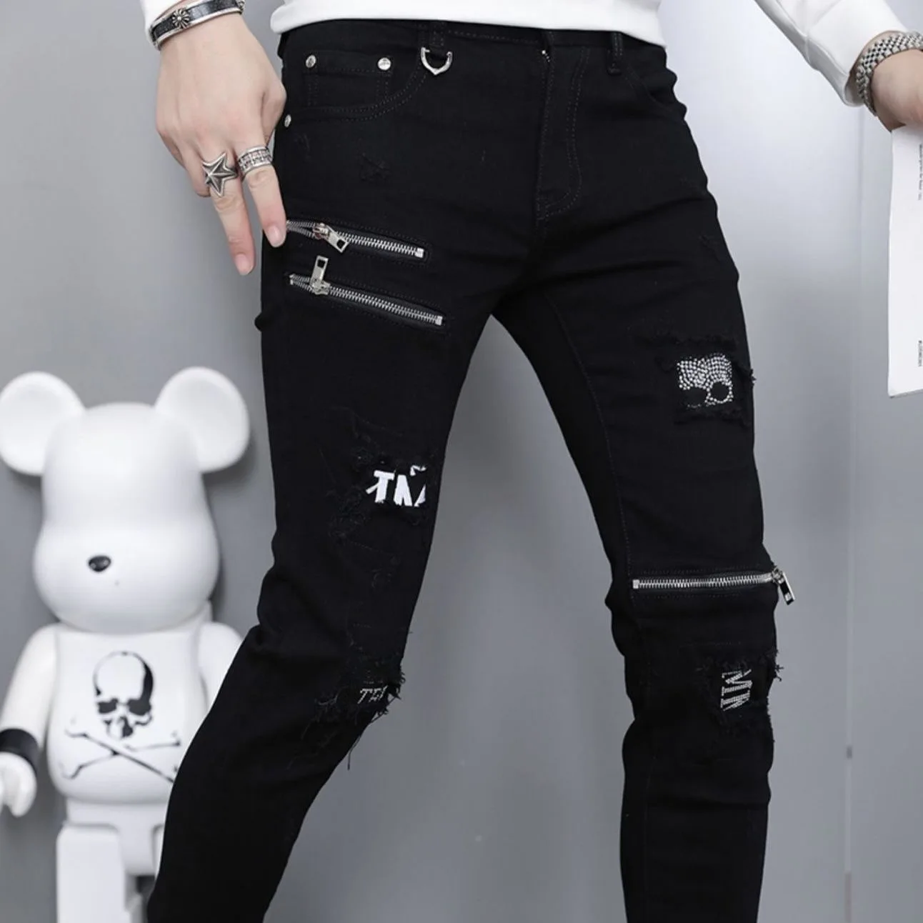 Spring and Autumn Fashion Trend Black Straight Leg Ripped Jeans Men's Casual Comfort Breathable High-Quality Denim Pants