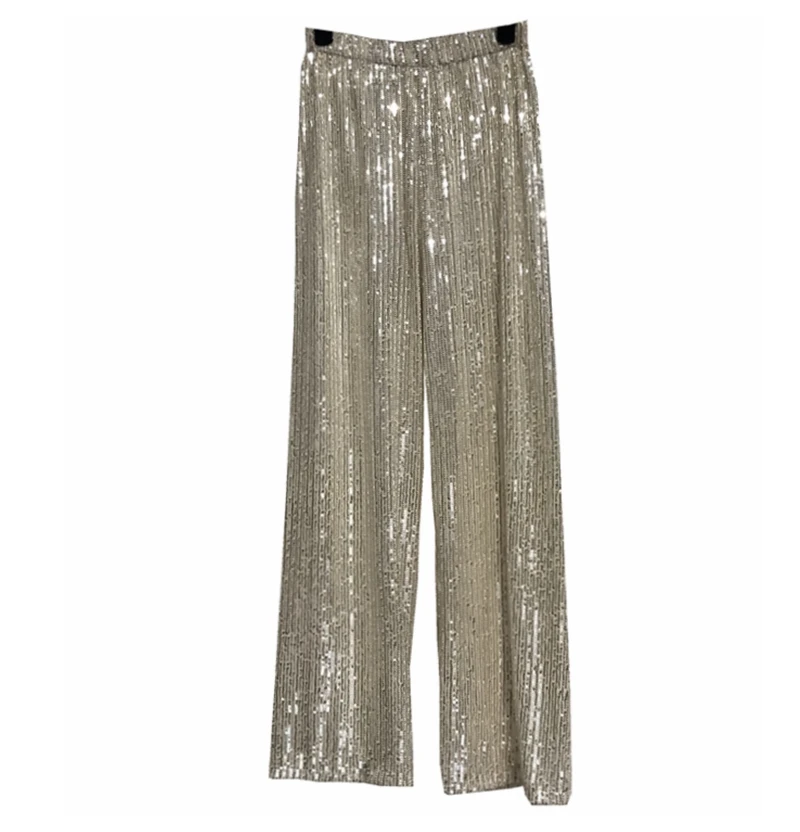 Silver Full Sequined Women Wide Leg Pant Elastic Waist Bling Luxury Chic  Capris Casual Gold Long Pant Female Club Casual Style - AliExpress