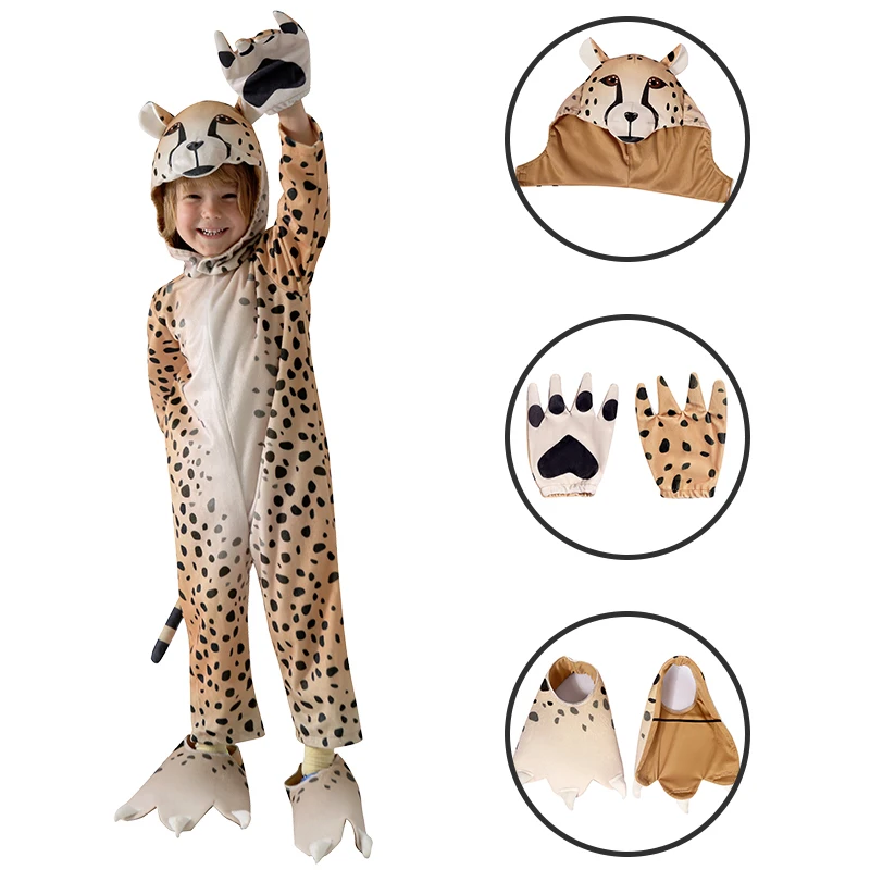 Halloween Kids Cheetah Costume Spotted Animal Onesie Clothing Set with Hood & Paw Details for Parties
