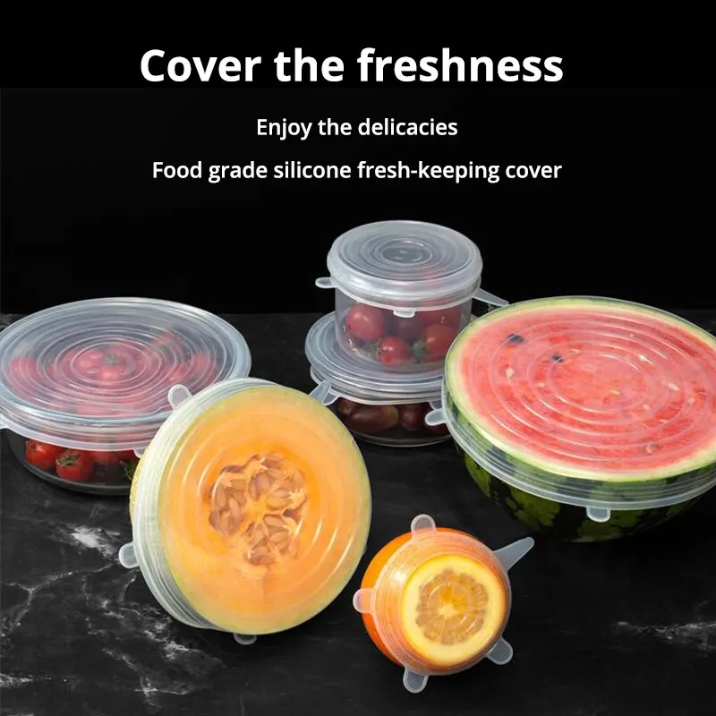 6-Piece Transparent Silicone Stretchable Bowl Covers for Kitchen and Food Storage