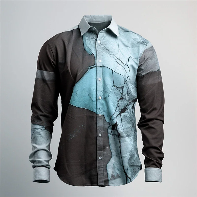 Color block art abstract men's shirt for daily outing autumn and winter lapel casual loose long-sleeved shirt