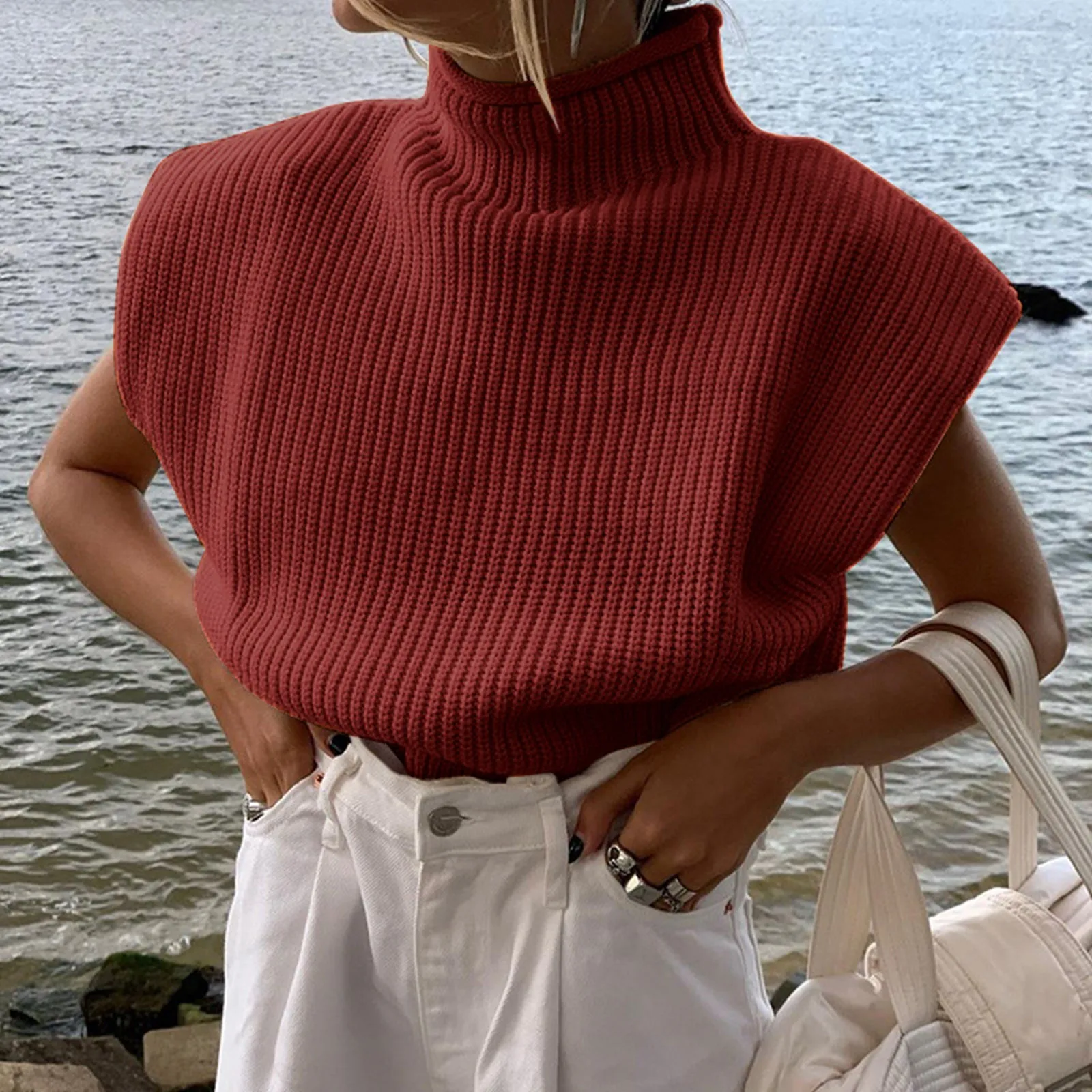 Women's Sleeveless Turtleneck Knit Sweater