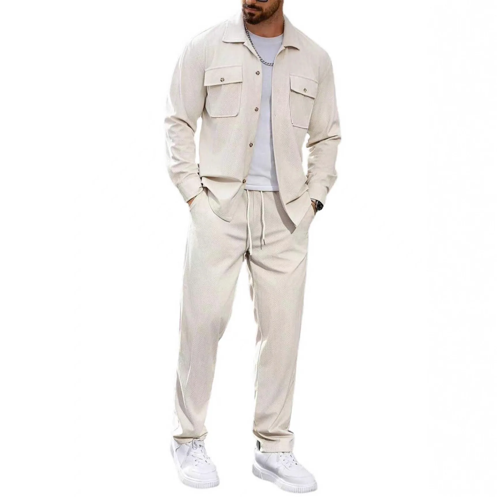 Men's Casual Sportswear Set Simple Button Pocket Collar Jacket Straight Leg Pants Autumn Fashion Polyester Long Sleeve Shirt - 4