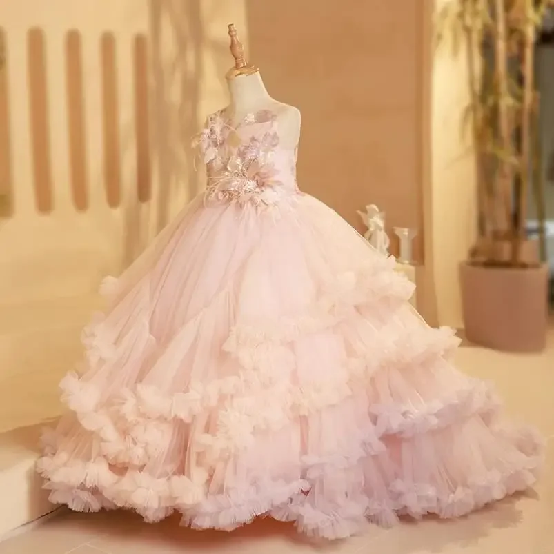 

High-End Children's Catwalk Pink Sequin Trailing Evening Dresses Wedding Birthday Party Girls Dresses A2893 vestidos de gala