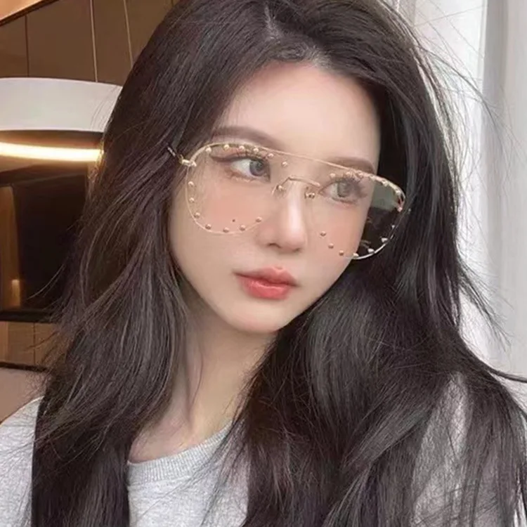 2022 Diamant Strass Sonnenbrille Damen Mode Farbverlauf Metall Polygon Randlose Eyeware Outdoor Sonnenschutz Sonnenbrille Shades_voghion.com