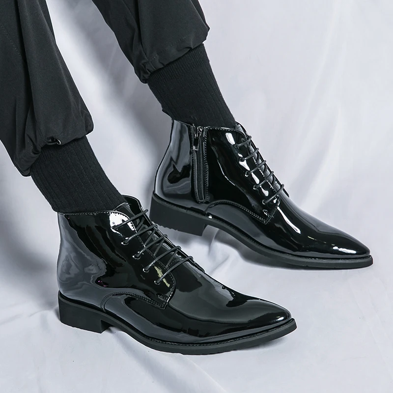 Luxury Chelsea Boots Men's Shiny Leather Shoes Pointed High Top Shoes Men's Banquet Dress Shoes High-end Purple Red Short Boots