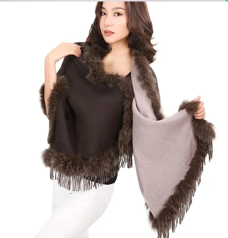 Damen-Schal aus 100 % reinem Kaschmir mit echtem Fuchspelzbesatz, doppelfarbiger Wickelschal für den Winter und Herbst, flauschiger, warmer Damenschal – Detail 11