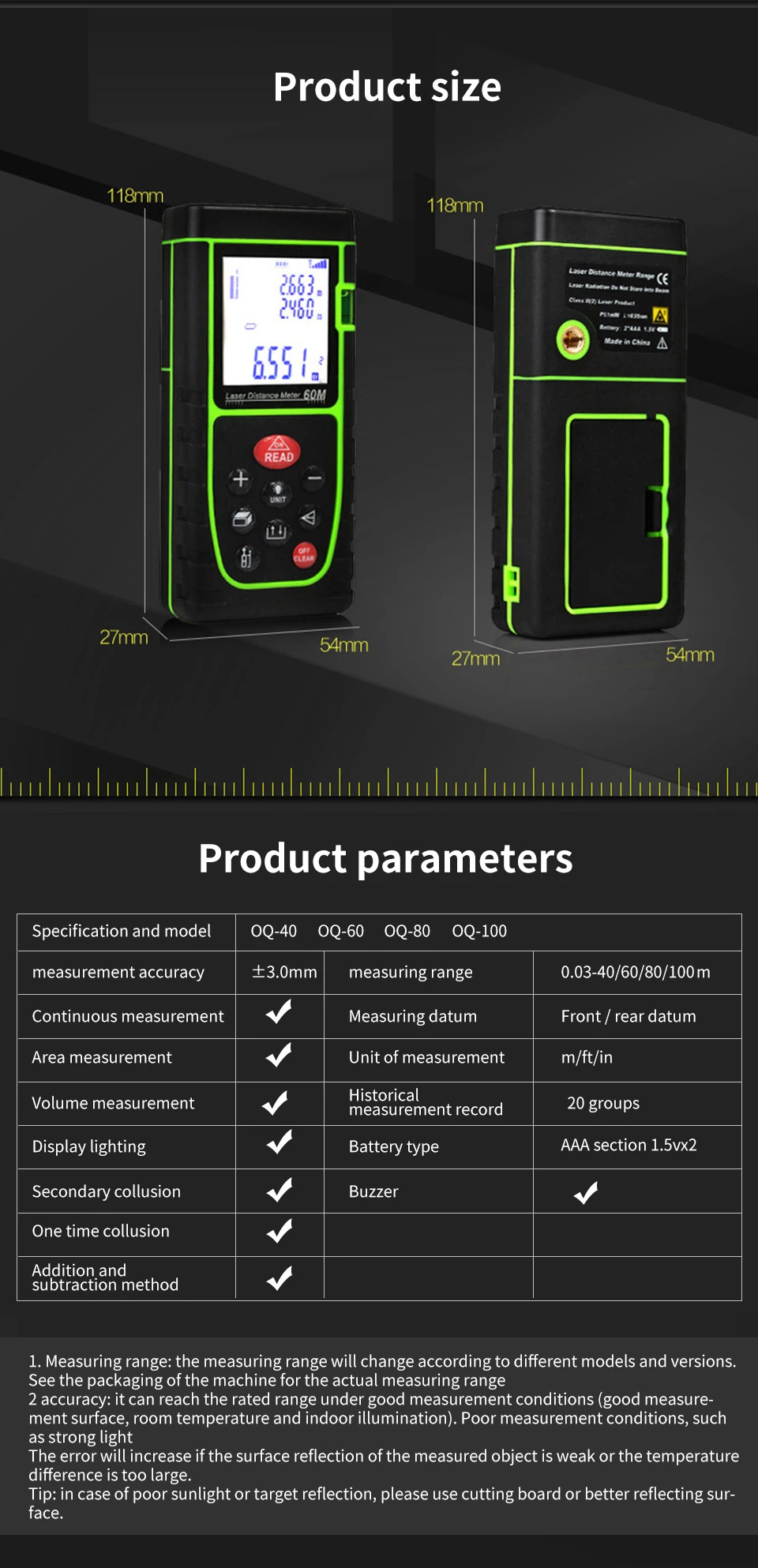Laser Distance Meter 40M 60M 80M 100M Rangefinder Tape Range Finder Build Meas