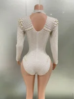 Women Sexy White Pearl Long Sleeved  Elastic Tight Fitting Jumpsuit Club Party Dress DJ Female Singer Stage Performance Dress - Image 2