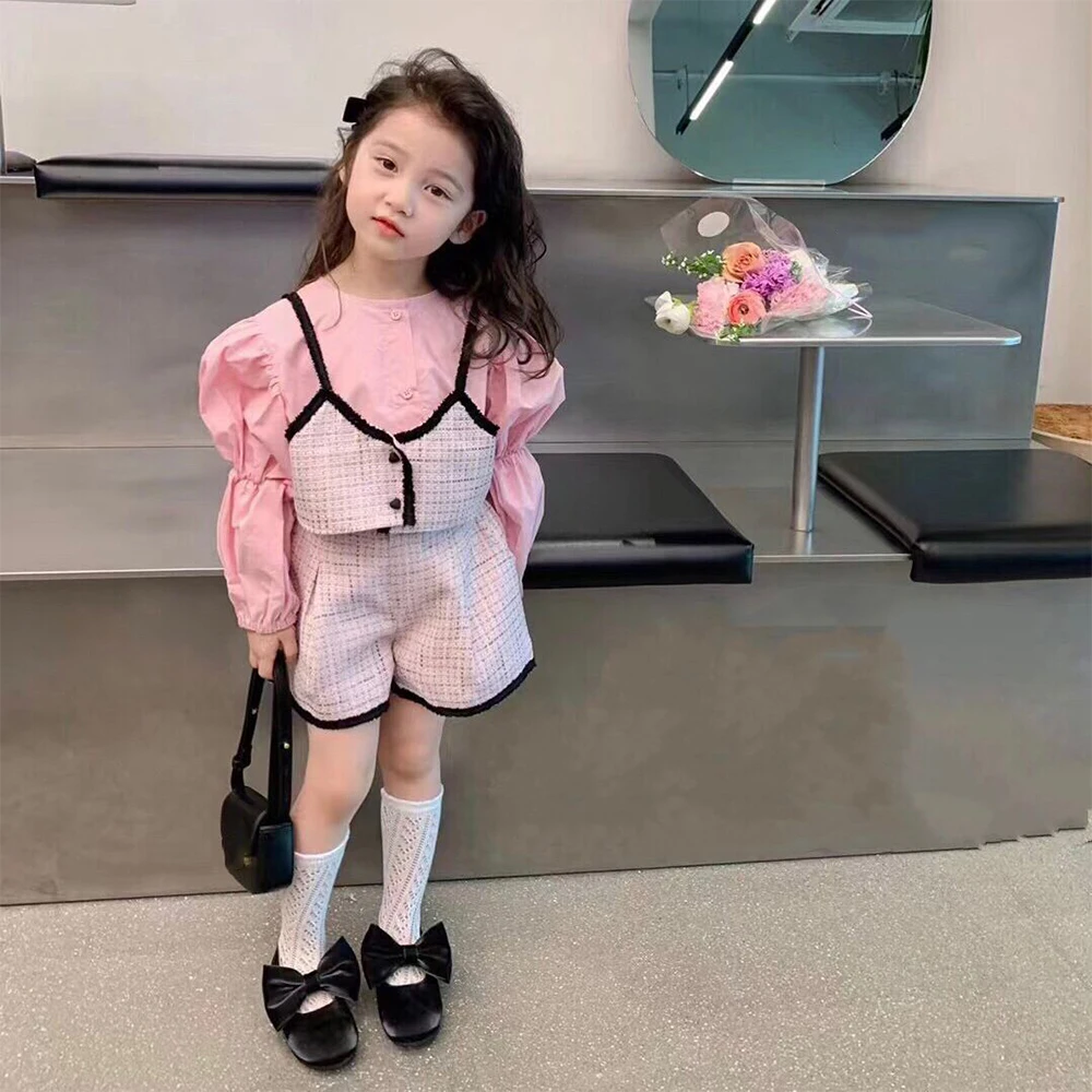 

Menoea Girls' Set 2023 New Girls' Casual Round Neck Long Sleeve Top+Plaid Strap+Shorts Set Children's Cute Casual Set