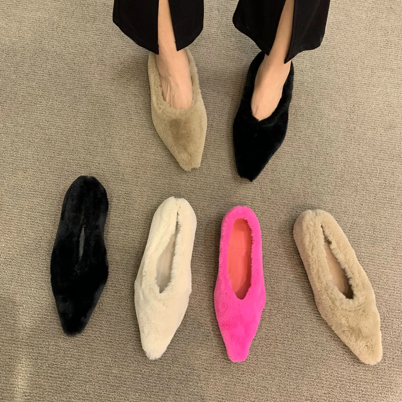 

Fashion Pointed Toe Fur Ballet Flats Woman Winter Warm Plush Shallow Loafers Ladies Concise Furry Heeled Dress Shoes