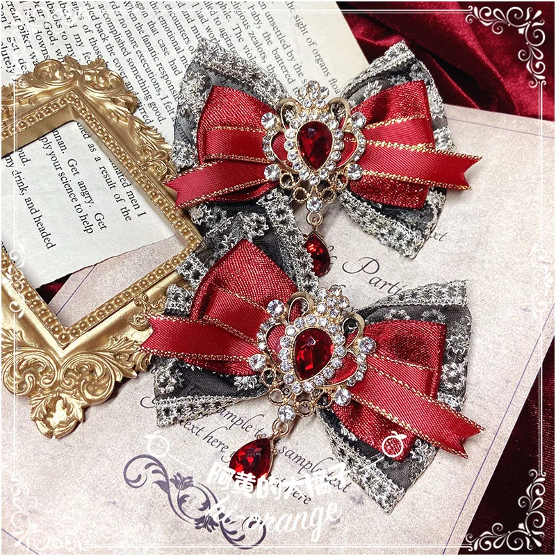 Handmade Pair of Shoe Clip Retro Lolita Detachable Bow Diamond Red Shoe Buckle Lady Girls Party Evening Shoe Ornament
