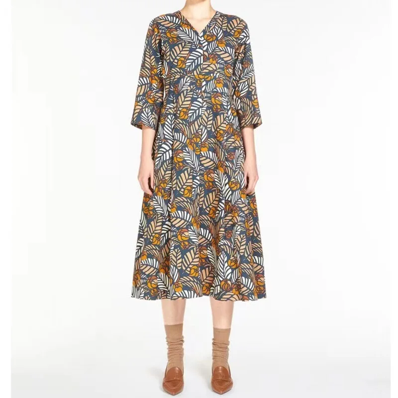 

Women Leaf Print Tie Waist V-neck Three-quarter Sleeve Dress 2023 Spring and Summer New Style