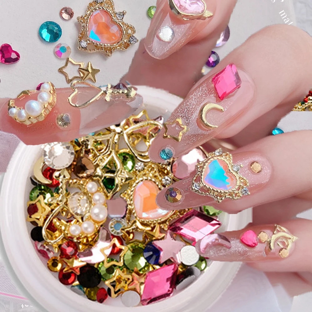 1 Bouned Sailor Heart Nails Art Rivetti Studs Mix Elements Charms Marinaio Cuore/Luna/Stella Strass Cristallo Fai Da Te Manicure Gemme Js-50