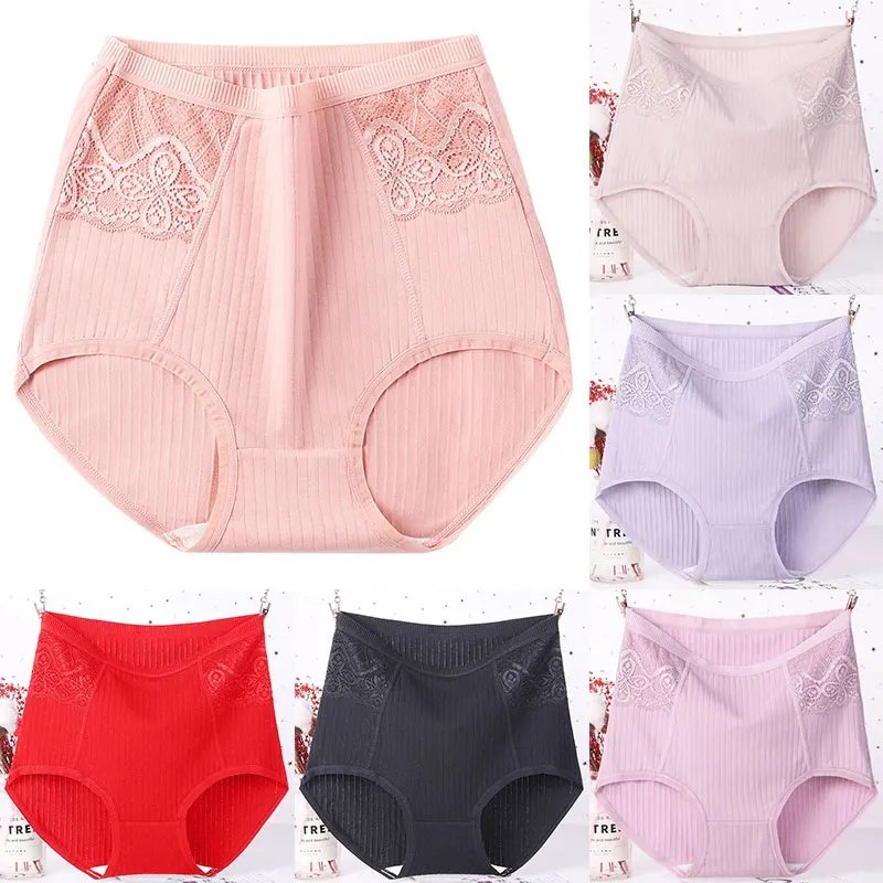 

High Waist Underwear Women's Cotton Sweat Absorption Plus Size Fat Large Lace Briefs Middle Aged Micro Abdominal Lingerie