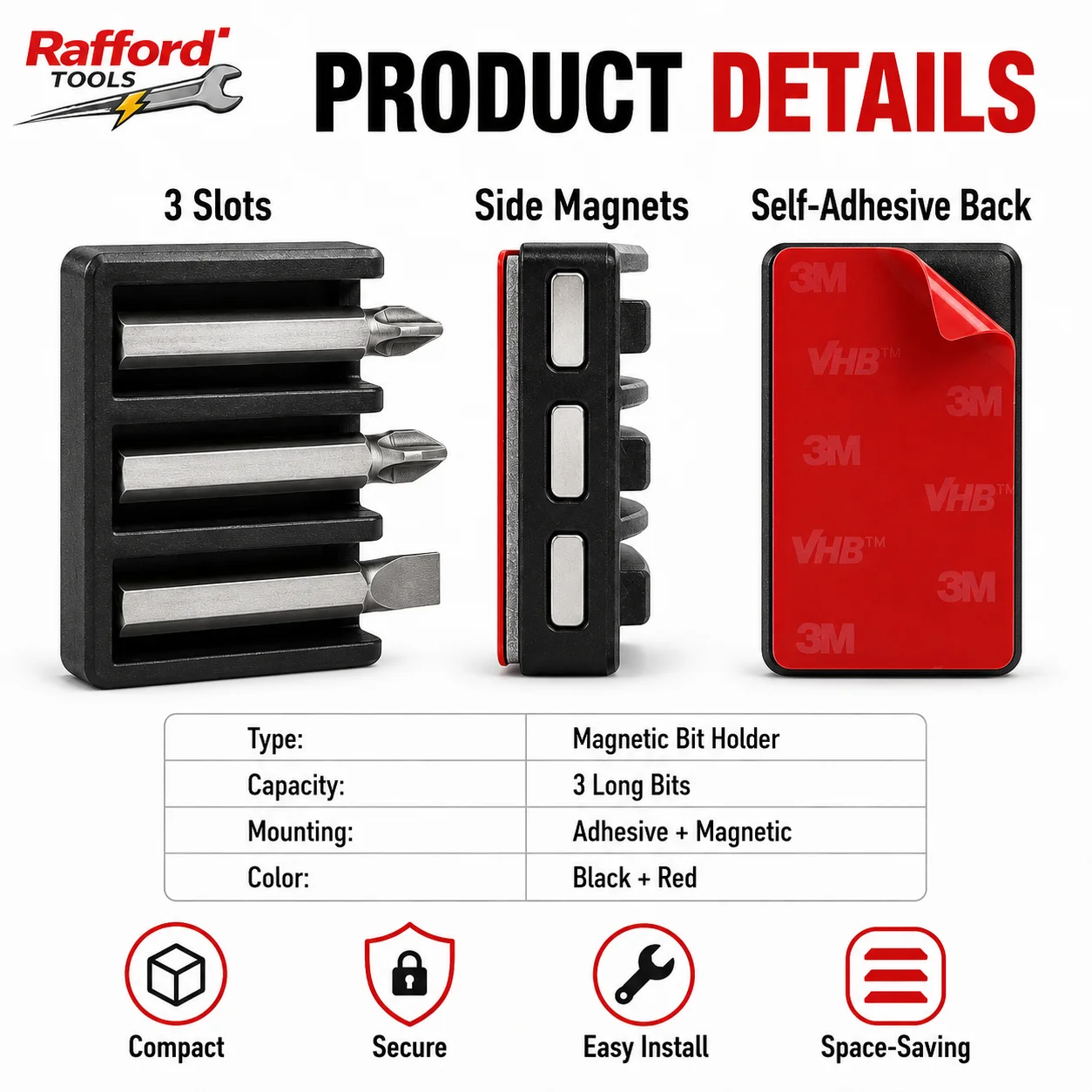Rafford 3-Slot Magnetic Bit Holder — Self-Adhesive Screwdriver Bit Organizer for Power Drills and Metal Surfaces