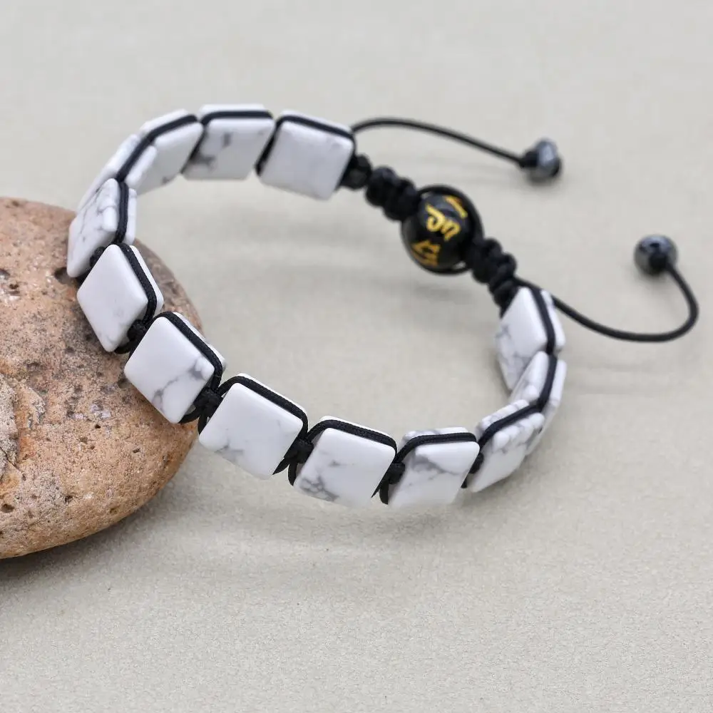 White Turquoise Stone Hematite Buddha Mantra Beads Handmade Braided Bracelets Yoga Healing Lucky Charm Bangles Couples Jewelry bangle bracelet beaded bracelet bead bracelet stone bracelet woven bracelets