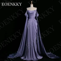 EOENKKY Evening Dress Off Shoulder Prom Purple Elegant A Line Satin Pleats Formal Party Dresses with Shawl Sleeves Customized
