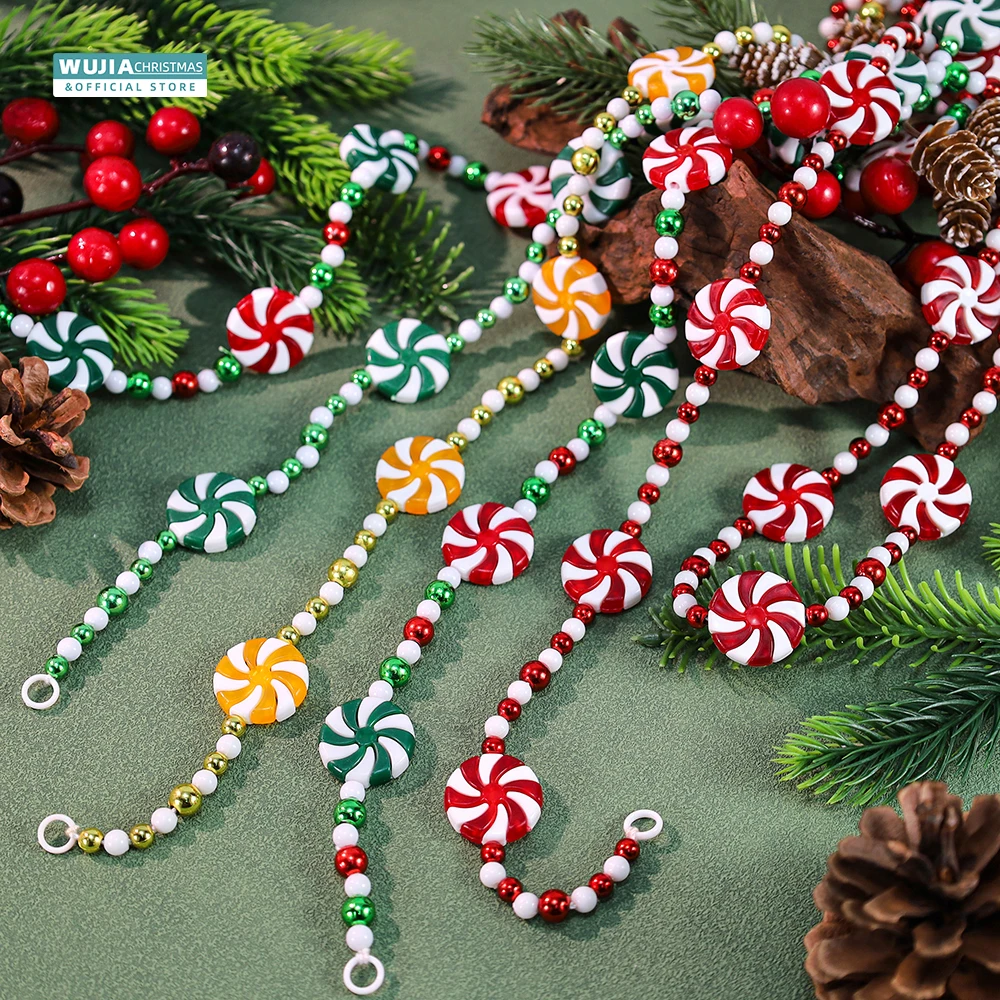 2.4M Christmas Candy Garland Peppermint Acrylic Bead String New Year Hanging Xmas Tree for Fireplace Wreath DIY Party Home Decor