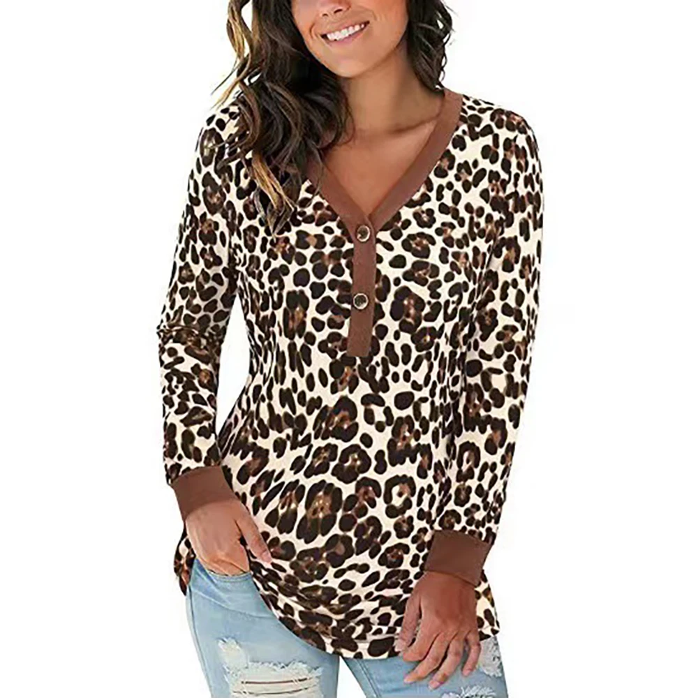 Leopard Printed Mesh Shirt With Button Up V Neck for Teens and Women