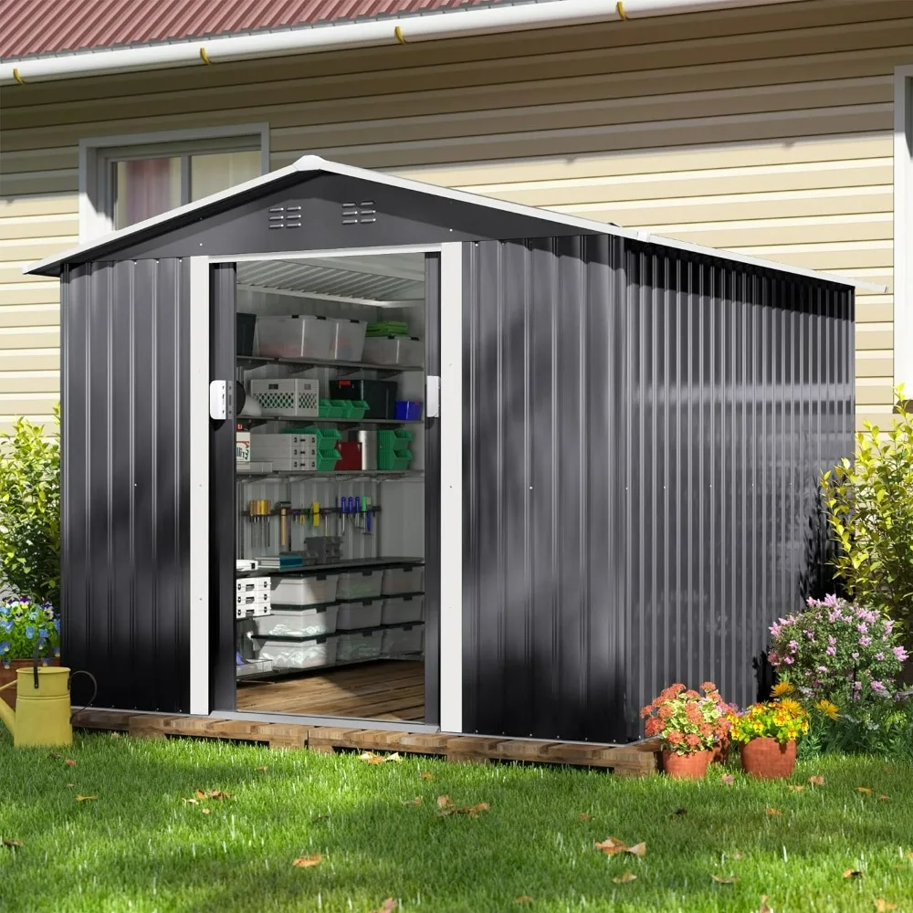 

8'x8' Garden Shed, Large Metal Lockable,with Sliding Doors and Air Vent for Backyard, Patio, Outdoor Storage Garden Shed Tool