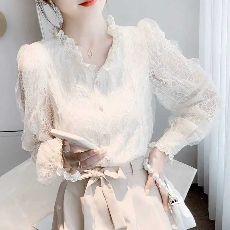 

LKSK Spring and Autumn French V-neck Lace Shirt Top Women's Fluffy Long Sleeved Chiffon Sweet Cardigan Bottom Women's Clothing