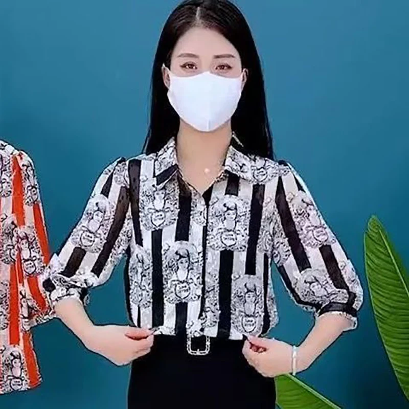 Fashion Lapel Button Printed Striped Chiffon Shirts Women's Clothing 2024 Summer New Loose All-match Tops Office Lady Blouses