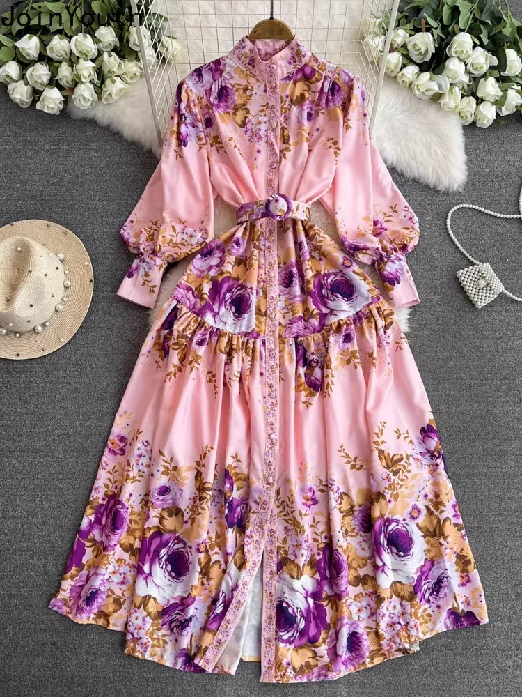 Vestido De Mujer Estampado Floral Con Cuello En V Y Manga Larga - Cintura Elástica Con Volantes, Tejido Ligero De Poliéster, Ideal Para Verano Y Otoño