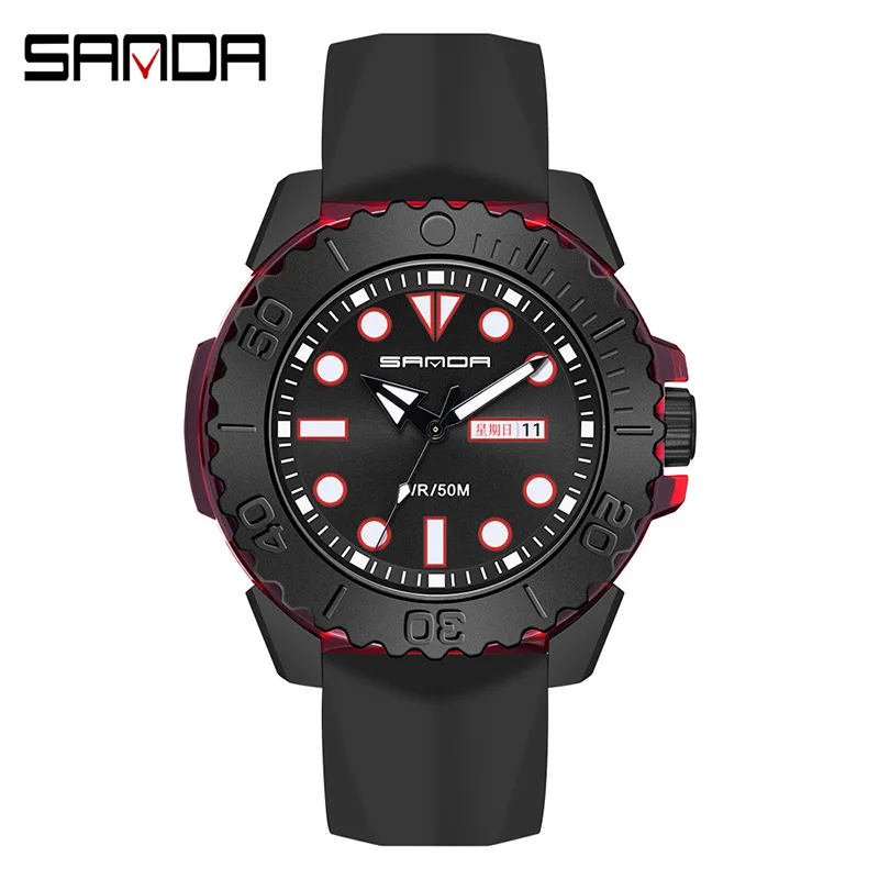SANDA Brand Luxury Men Silicone Strap Sports Watches 50M Waterproof Weekly Calendar Display Quartz Watch Business Watch For Men