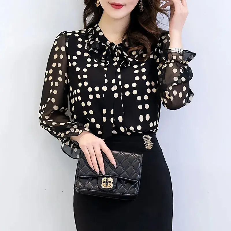 Autumn and Winter New Temperament Women's Clothing Dot Print Bow Tie Up Scarf Collar Long Sleeve Commuter Versatile Pullover