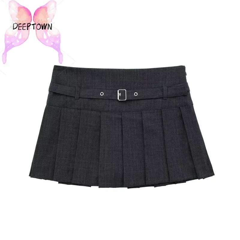 DEEPTOWN Vintage Pleated Skirt Women Y2K Streetwear High Waist A-line Slim Preppy Style Mini Skirt Shorts Autumn School Fashion