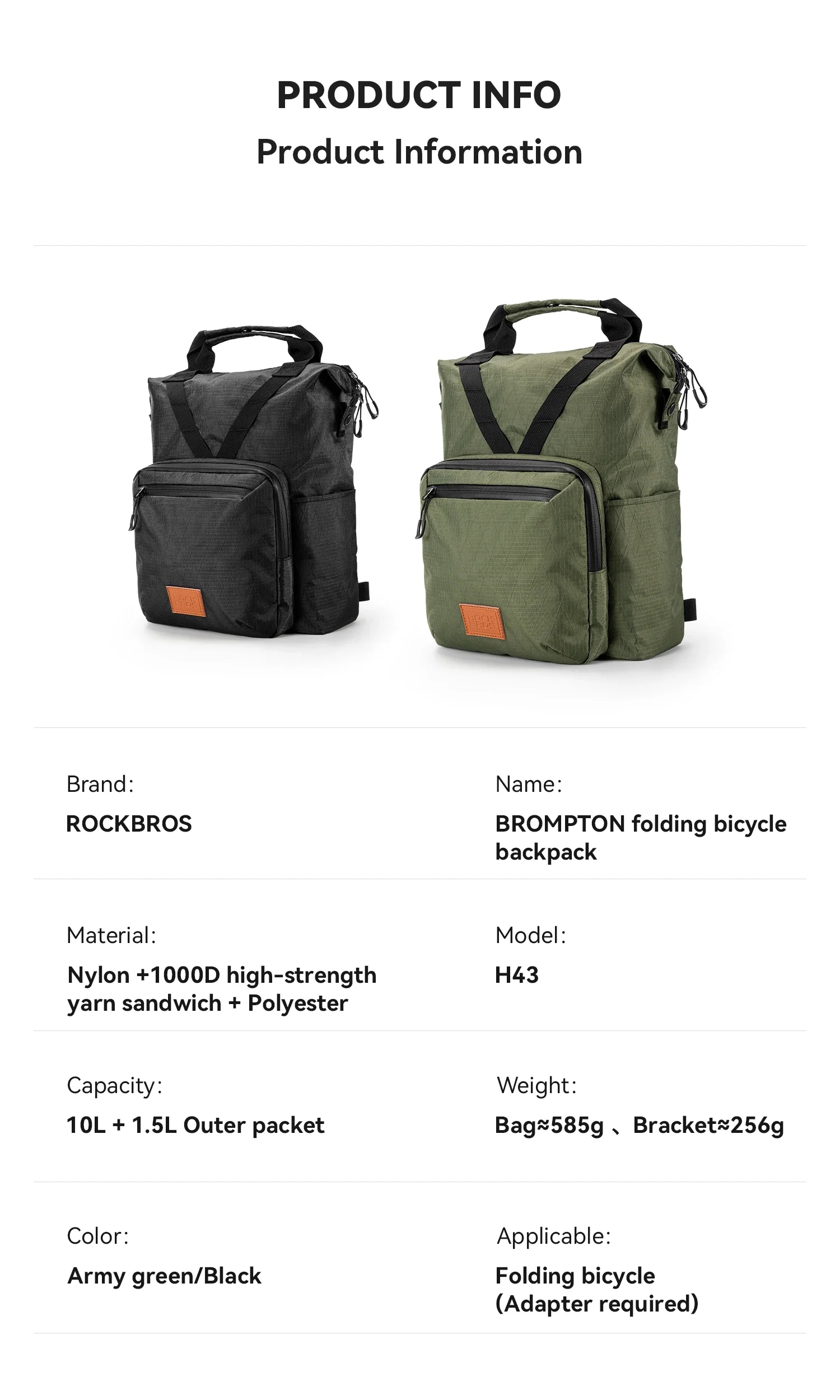 ROCKBROS Fahrradtasche, zusammenklappbarer Fahrradrucksack, multifunktionale Handtasche, verlängerter Reißverschluss für Brompton 11,5 l Fassungsvermögen, Umhängetasche – Detail 2