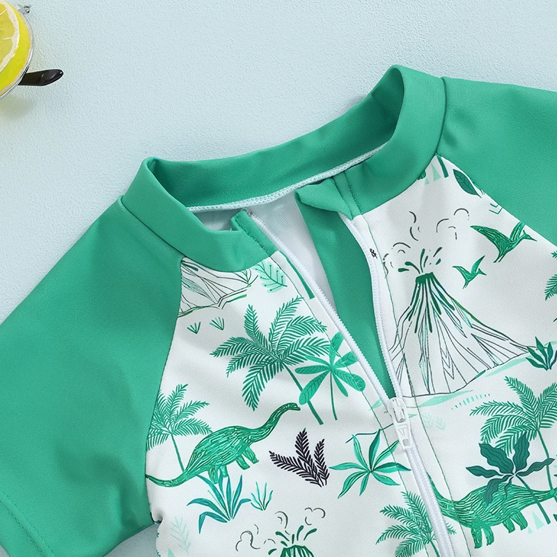 Kids Swimsuit For Baby Girls Boys Rash Guard Beachwear Swimwear Dinosaur Print Short Sleeve Tops Swim Trunks Cap Bathing Suit