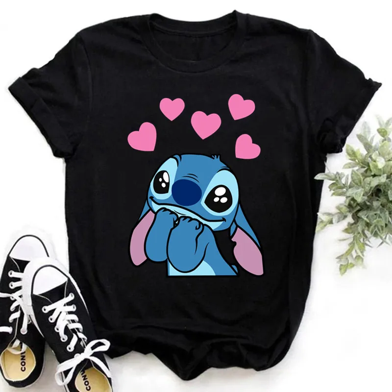 Kawaii Disney Lilo Stitch T Shirt Women Summer Tops Cartoon Stitch Hearts Graphic Print Tees Cute Disney Anime T-shirt Female