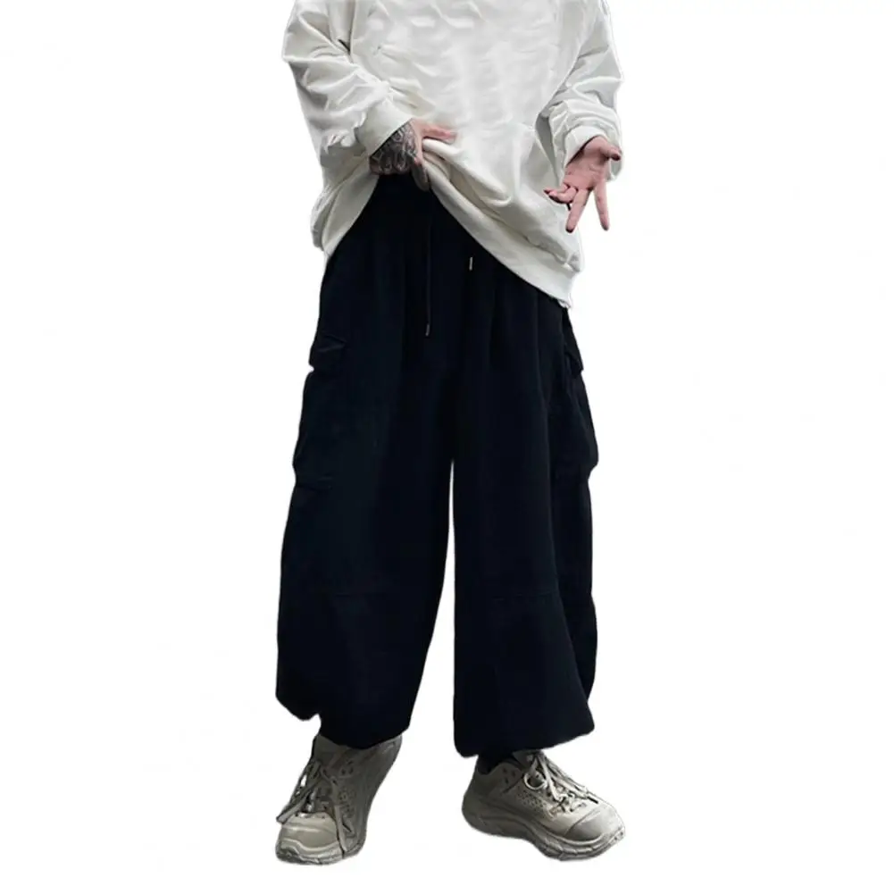 

Spring Autumn Men Cargo Pants Drawstring Ankle Tied Elastic Waist Large Pockets Patchwork Loose Wide Leg Baggy Trousers