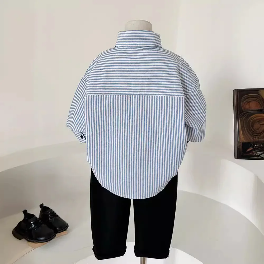 Baby Boy Preppy Striped Cotton Shirt Inner Wear Tie Jacket Children's Outfit West Style Coat Male Toddler College Fashion