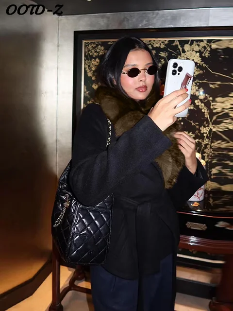 Elegant Faux Fur Lace Up Woolen Coat Women Shawl Collar Belted Waist Full Sleeve Coats Female Spring Winter Fashion Lady Outwear 3