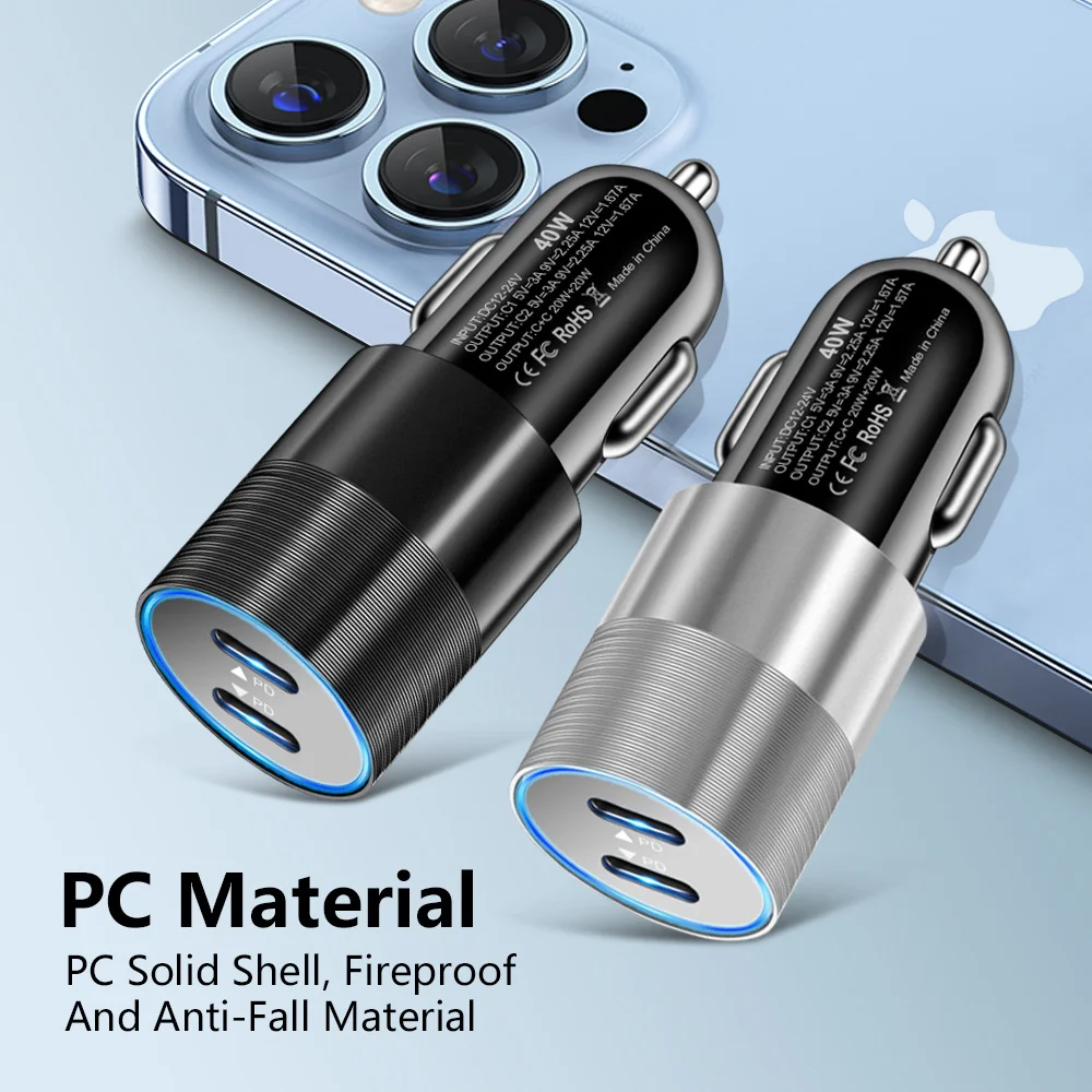 Car Phone Charger Dual USB C 40W 2 Port for iPhone Samsung