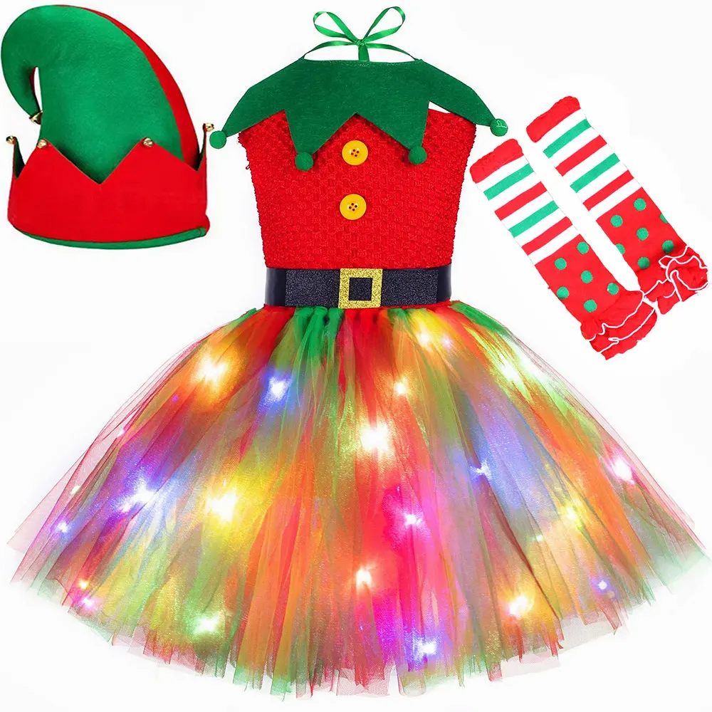 

Christmas Elf Costume for Kids Girls LED Light Up Christmas Tutu Princess Dress Clothes Children New Year Xmas Party Outfit Gift